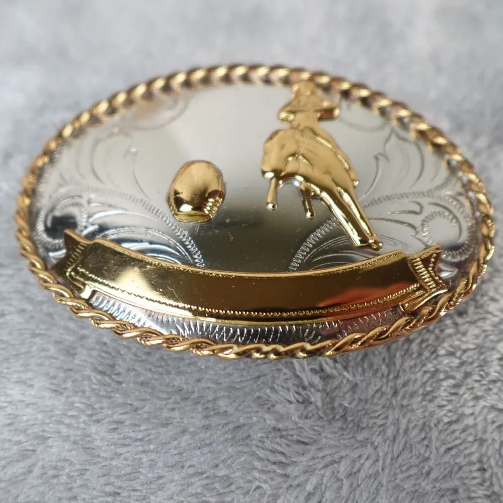German Silver Belt Buckle Barrel Racer Single Banner‎ Filigree Scroll 3.5in